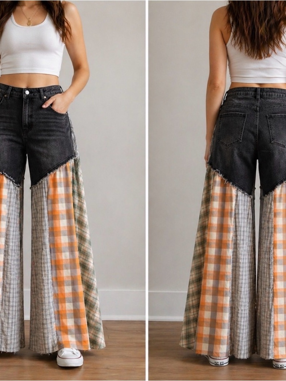 Easel Plaid Mixed Washed Denim Flare Pants Women’s L & S Boho Festival Hippie - Picture 2 of 2